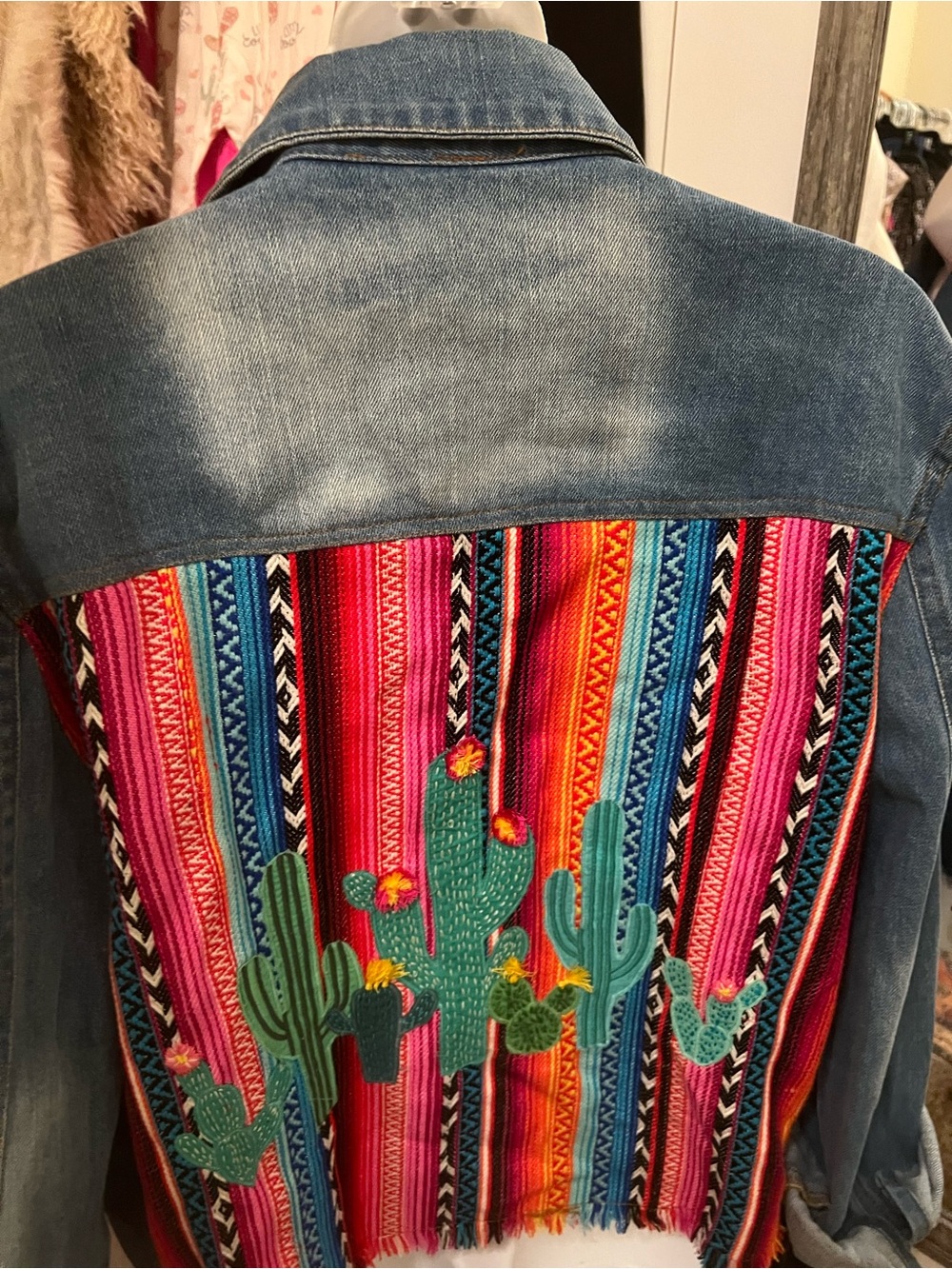 Women’s Denim Jacket with Multicolor Southwestern Back Panel